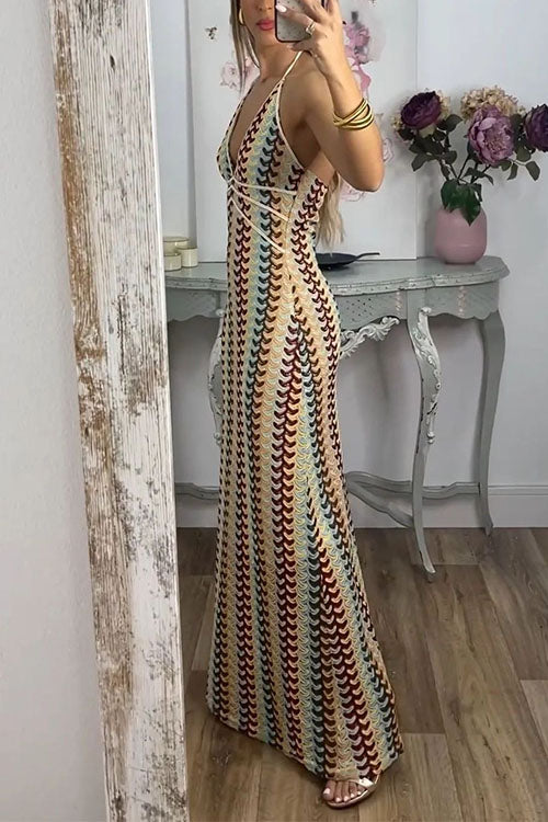 Mixiedress Halter V Neck Backless Color Block Crochet Maxi Dress