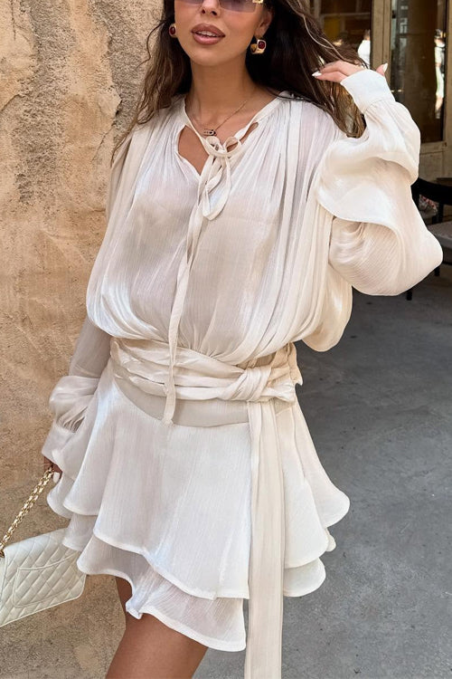Mixiedress Long Sleeves Lace-up Tie Waist Ruffle Mini Dress