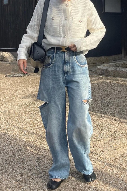 Mixiedress Distressed Wide Leg Ripped Jeans