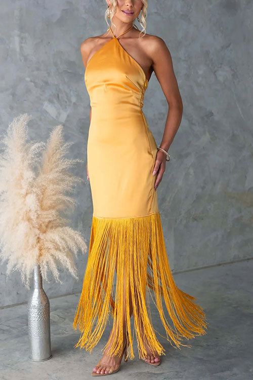Mixiedress Halter Neck Patchwork Fringe Hem Satin Maxi Dress