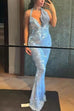 Mixiedress Halter Cowl Neck Open Back Sequin Maxi Party Dress