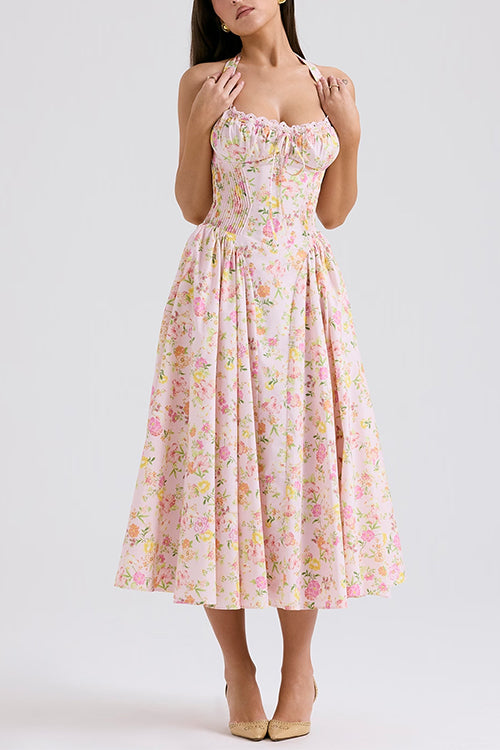 Mixiedress Halter Tie Front Waisted Floral Print Midi Dress