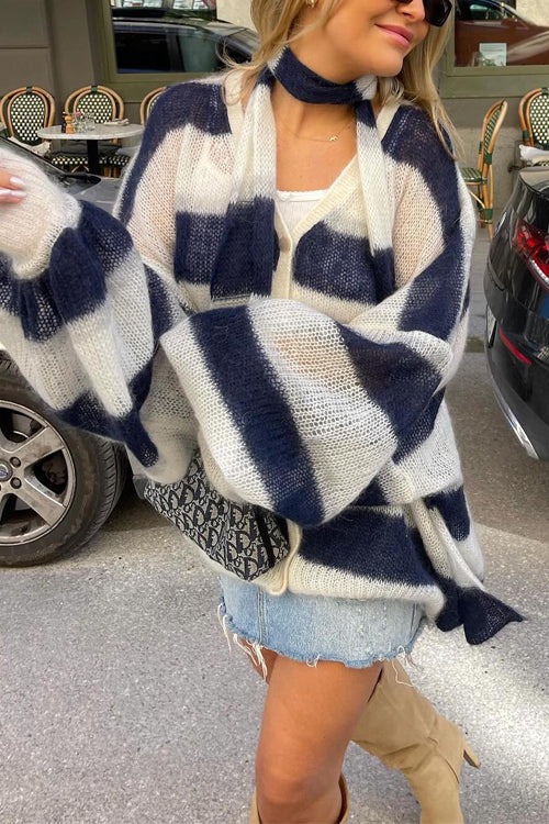 Mixiedress Lantern Sleeves Button Down Color Block Stripes Sweater with Scarf