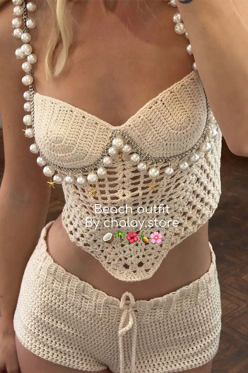 Mixiedress Pearl Trim Hollow Out Knit Crop Cami Top