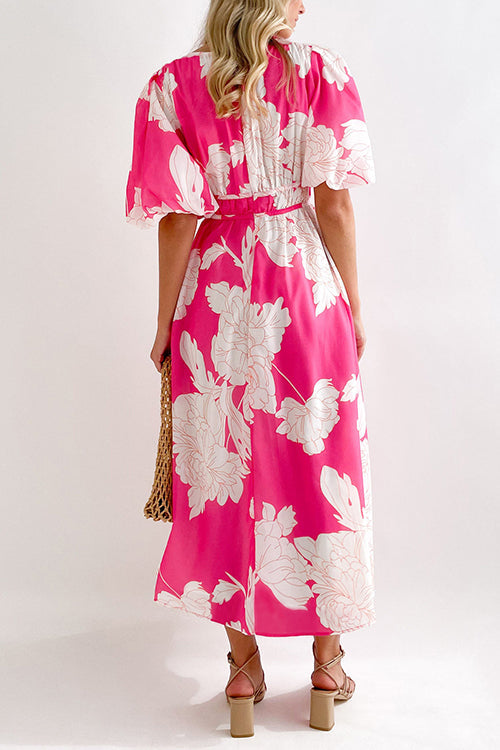 Mixiedress V Neck Puff Sleeves Waisted Floral Midi Dress