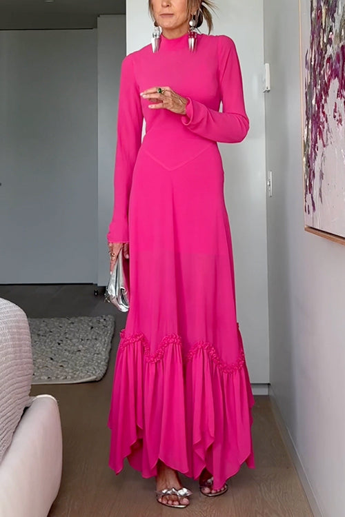 Mockneck Long Sleeves Ruffle Hem Maxi Dress