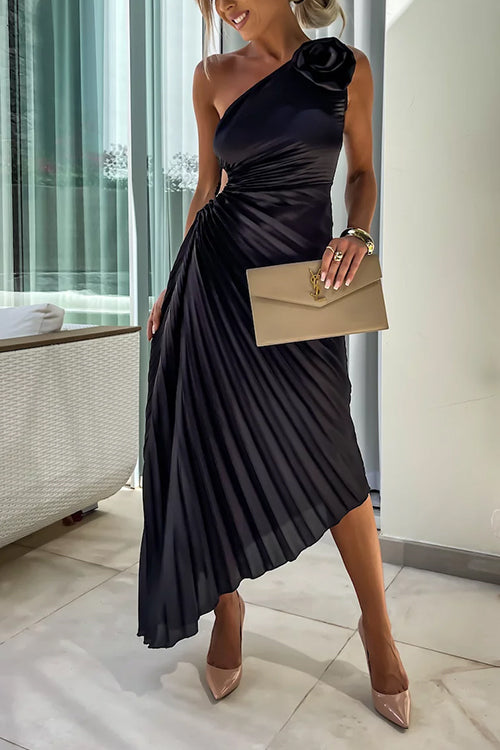 Mixiedress 3D Rose One Shoulder Cut Out Waist Asymmetric Hem Pleated Maxi Dress
