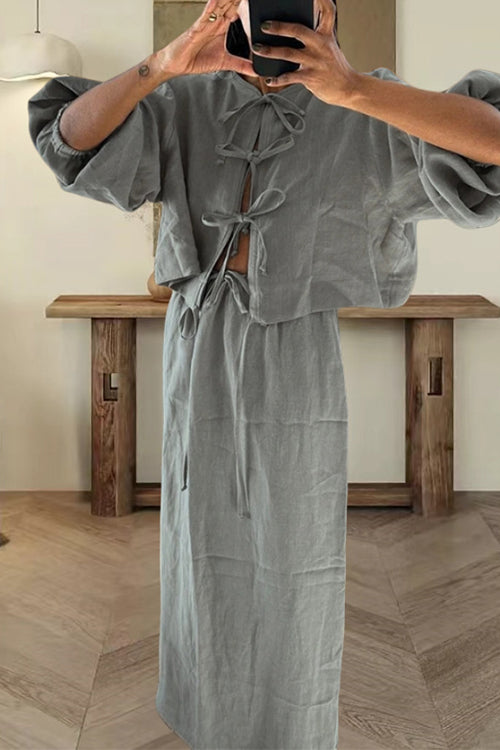 Mixiedress Puff Long Sleeves Lace-up Shirt Drawstring Waist Maxi Skirt Set