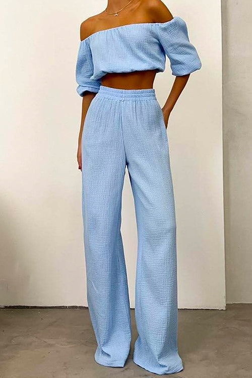 Mixiedress Off Shoulder Half Sleeves Crop Top Wide Leg Pants Set