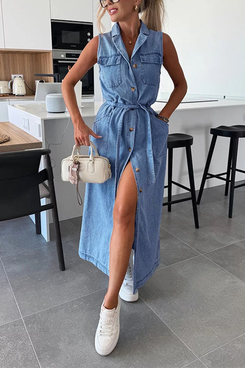 Mixiedress Sleeveless Button Down Tie Waist Pocketed Denim Midi Dress