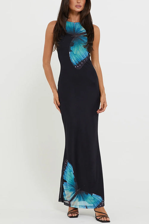 Mixiedress Back Lace-up Sleeveless Butterfly Print Maxi Dress