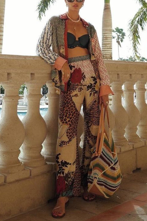 Mixiedress Long Sleeves Button Down Shirt Elastic Waist Wide Leg Pants Leopard Set