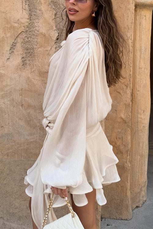 Mixiedress Long Sleeves Lace-up Tie Waist Ruffle Mini Dress