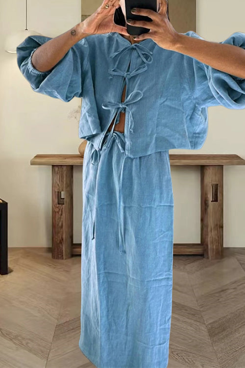 Mixiedress Puff Long Sleeves Lace-up Shirt Drawstring Waist Maxi Skirt Set