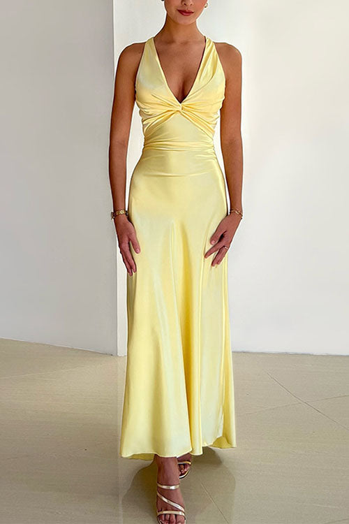 Mixiedress V Neck Back Tie Bow Cut Out Satin Maxi Dress