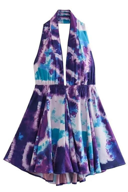 Mixiedress Deep V Neck Halter Backless Printed Mini Vacation Dress