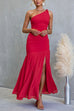One Shoulder Sleeveless Ruffle Slit Solid Maxi Dress