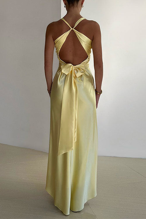 Mixiedress V Neck Back Tie Bow Cut Out Satin Maxi Dress