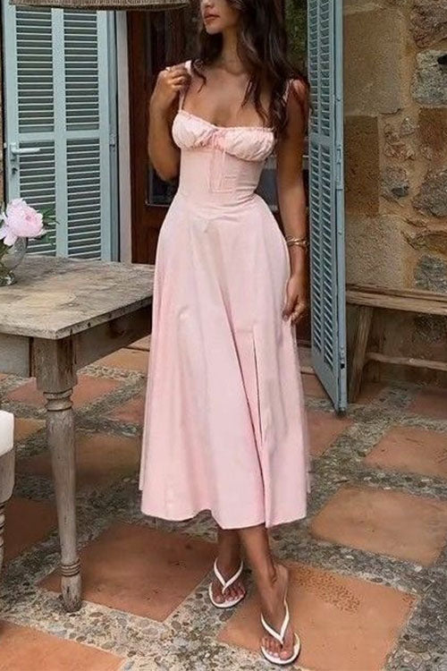 Mixiedress Drawstring Neck Slit Bustier Midi Cami Dress