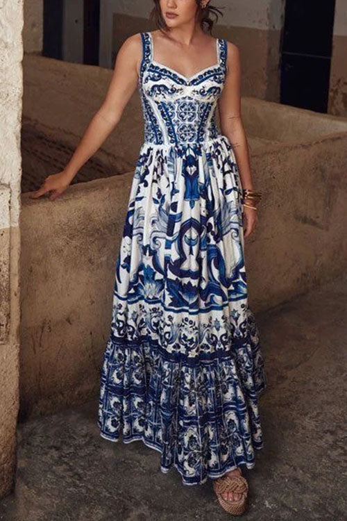 Mixiedress V Neck Waisted Floral Print Swing Maxi Cami Dress