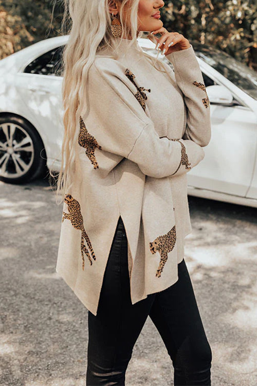 Mixiedress High Neck Side Slit Cheetah Pattern Sweater