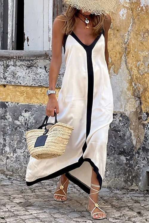 Mixiedress Spaghetti Strap V Neck Color Block Maxi Holiday Dress