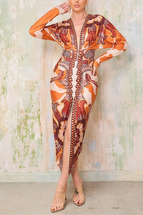 Mixiedress V Neck Long Sleeves Ruched Slit Printed Midi Dress