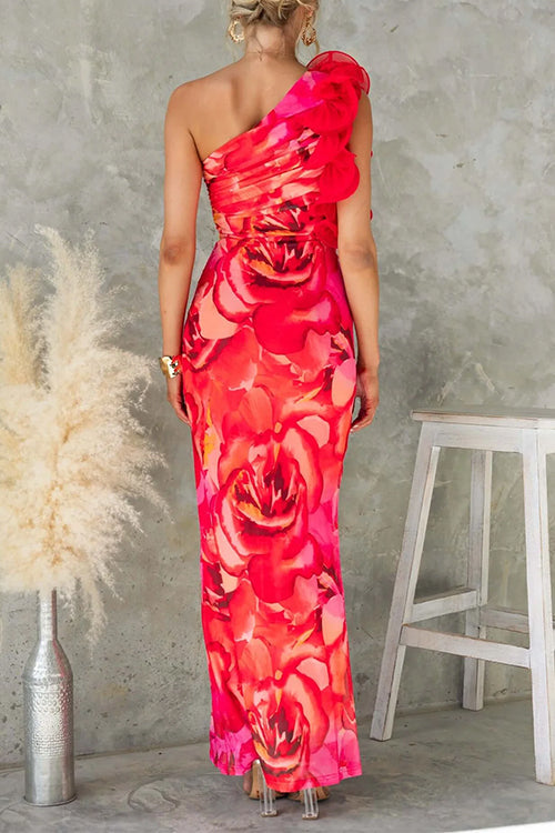 Mixiedress Ruffle One Shoulder Floral Print Bodycon Maxi Dress