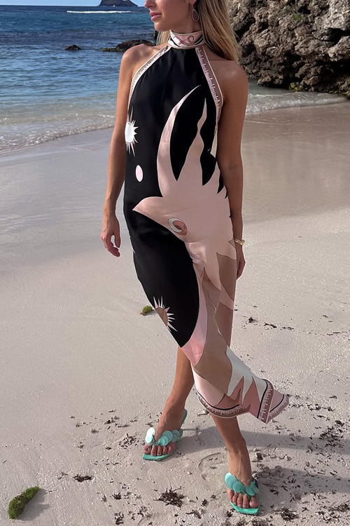 Mixiedress Halter Neck Open Back Asymmetric Hem Printed Satin Midi Dress