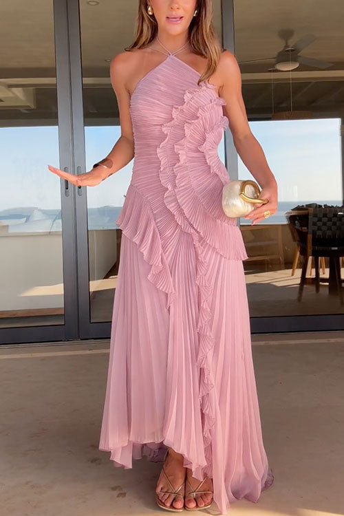 Mixiedress Strappy Halter Neck Ruffle Trim Asymmetric Hem Pleated Maxi Dress