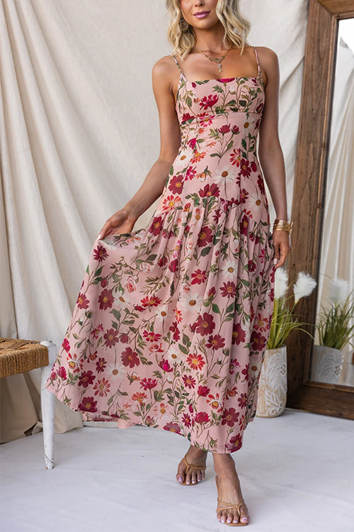 Spaghetti Strap Drop Waist Floral Print Maxi Dress