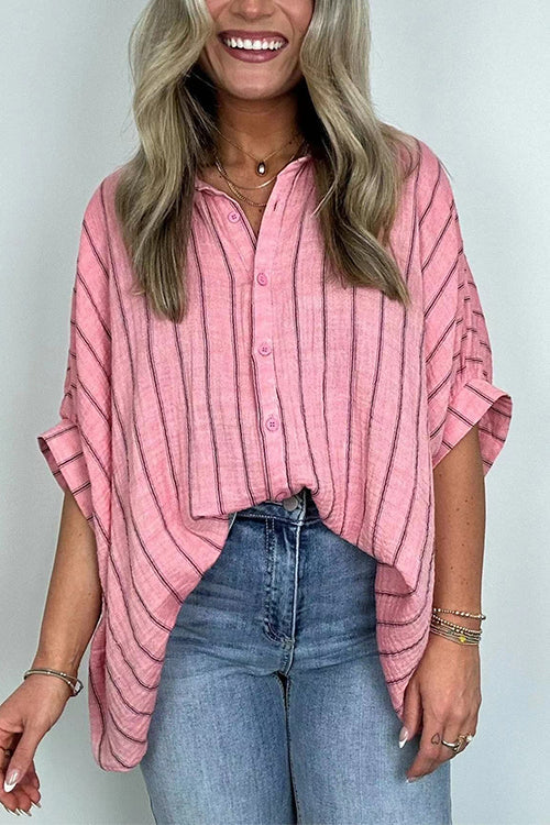 Mixiedress Oversized Button Down Batwing Sleeves Striped Shirt