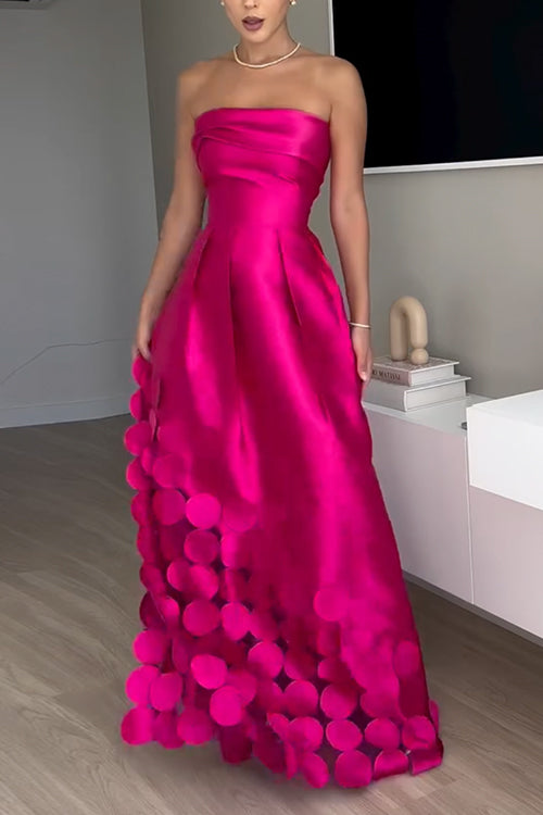 Mixiedress Strapless Waisted Polka Dot Applique Maxi Party Dress