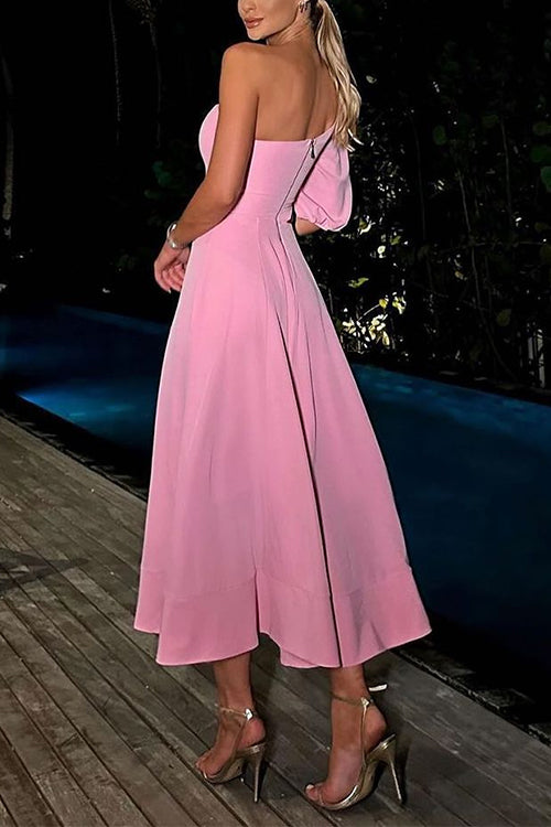 Mixiedress 3D Flower One Shoulder Cut Out Waist A-line Midi Dress