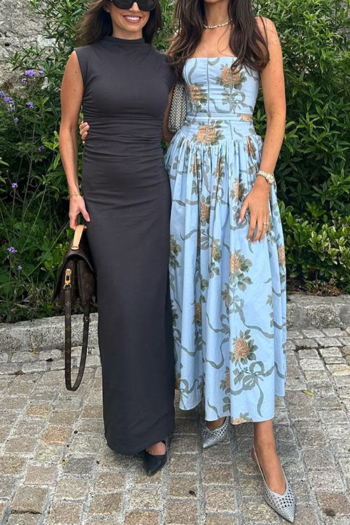 Mixiedress Spaghetti Strap Waisted Floral Print A-line Maxi Dress