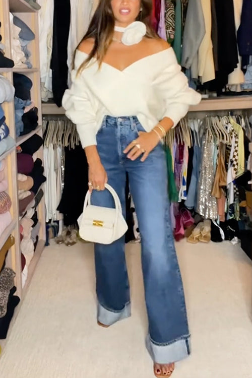 Mixiedress V Neck Criss Cross Front Ribbed Knit Sweater