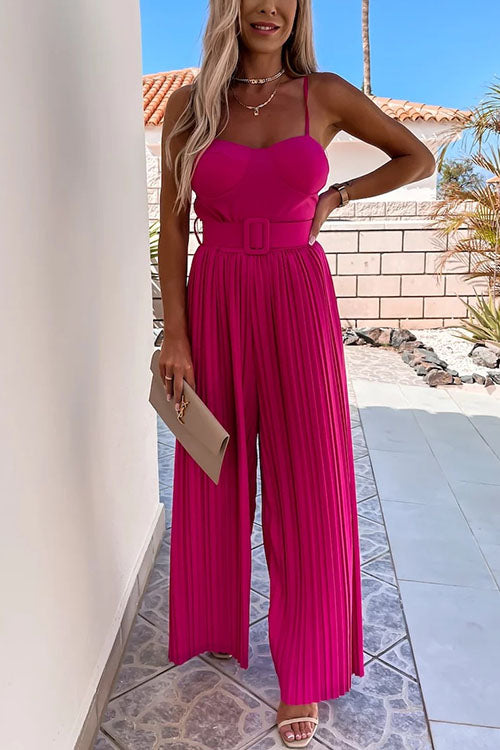 Mixiedress Spaghetti Strap Belted Pleated Wide Leg Jumpsuit