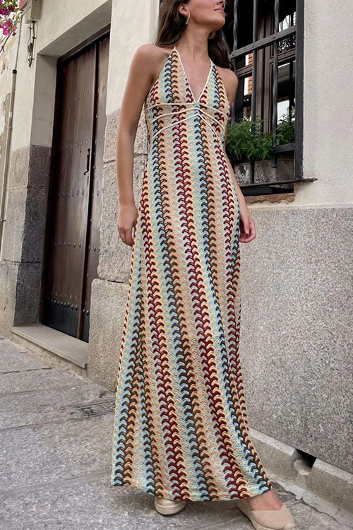 Mixiedress Halter V Neck Backless Color Block Crochet Maxi Dress