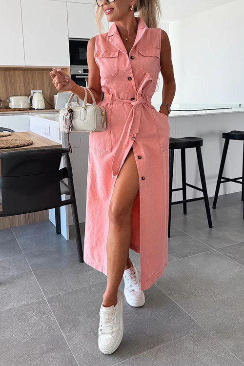 Mixiedress Sleeveless Button Down Tie Waist Pocketed Denim Midi Dress