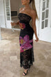 Mixiedress Strapless Lace Splice Floral Print Maxi Dress