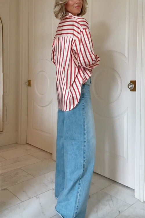 Mixiedress Long Sleeves Button Down Striped Blouse Shirt