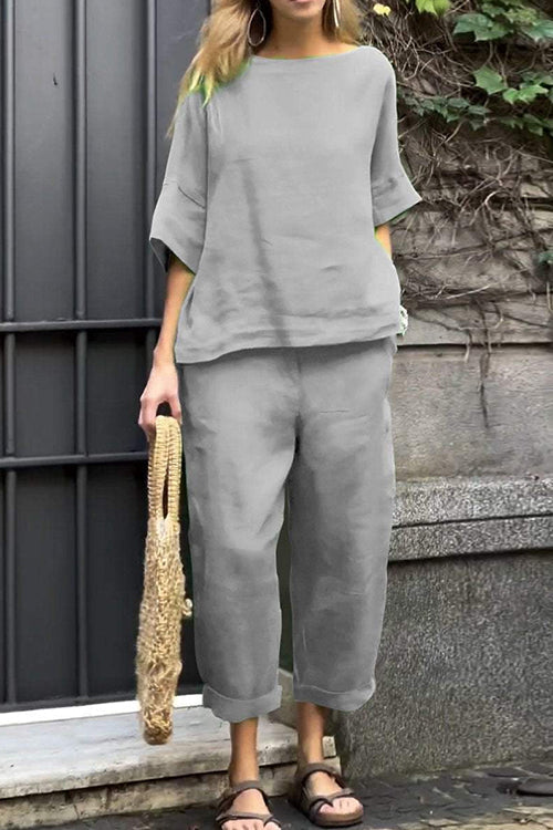 Mixiedress Cotton Linen Half Sleeves Pullover Top Wide Leg Tapered Pants Set