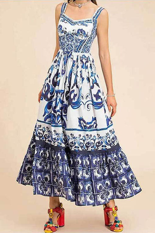 Mixiedress V Neck Waisted Floral Print Swing Maxi Cami Dress