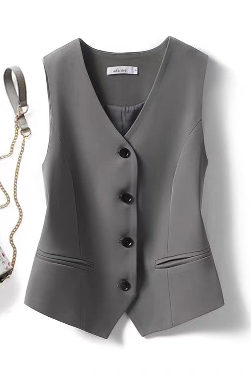 Mixiedress V Neck Button Up Pocketed Blazer Vest