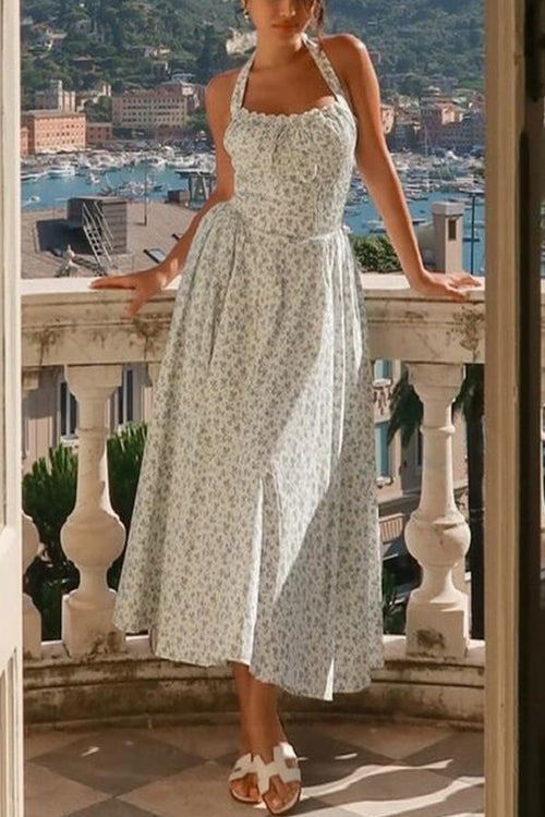 Mixiedress Halter Sleeveless Ruched Waist Floral Print Swing Midi Dress