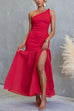 One Shoulder Sleeveless Ruffle Slit Solid Maxi Dress