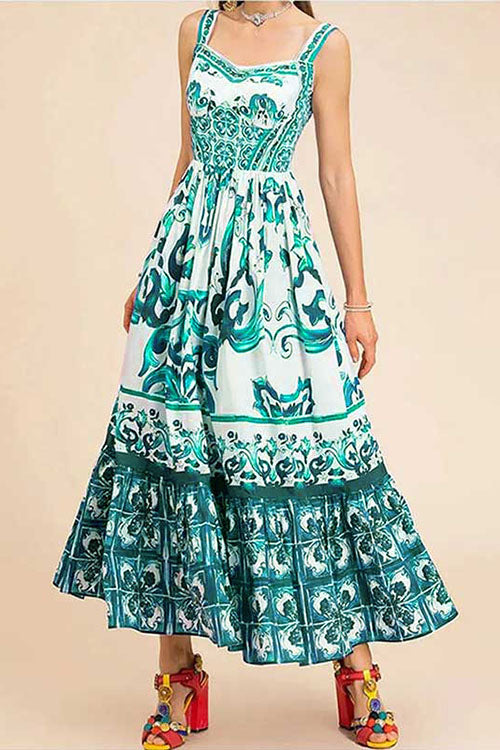 Mixiedress V Neck Waisted Floral Print Swing Maxi Cami Dress