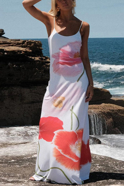 Mixiedress Spaghetti Strap Backless Floral Print Maxi Vacation Dress