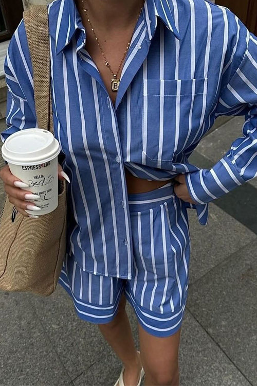 Mixiedress Striped Long Sleeves Curve Hem Shirt and High Rise Shorts Set