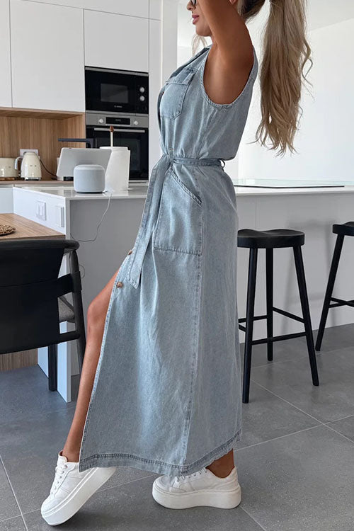 Mixiedress Sleeveless Button Down Tie Waist Pocketed Denim Midi Dress